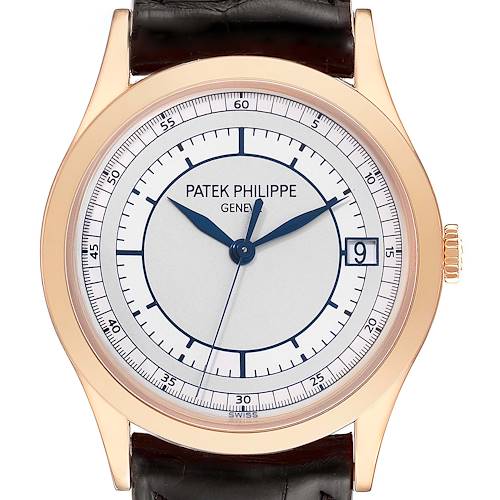The image shows the front view of a Patek Philippe Calatrava 5296R-001 Men's Rose Gold Silver Dial 5296R-001 Men's Rose Gold Silver Dial watch, featuring its dial, hands, date window, and part of its strap.