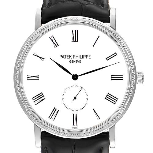 This image shows a front view of the Patek Philippe Calatrava 5119G Men's White Gold White Dial 5119G Men's White Gold White Dial watch, showcasing its dial, hands, and crown.