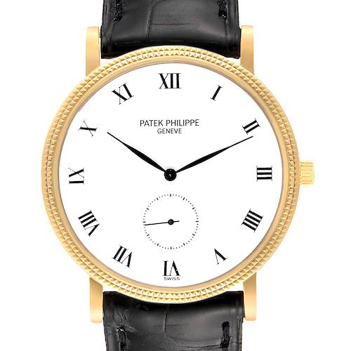 The image shows a front view of the Patek Philippe Calatrava 3919 Men's Yellow Gold White Dial 3919 Men's Yellow Gold White Dial watch with its white dial, Roman numerals, and black leather strap.