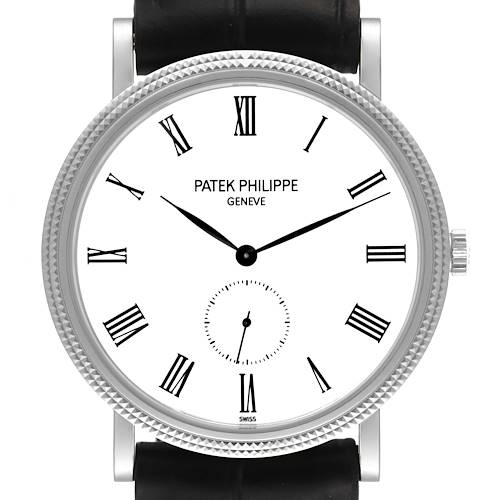 The image shows a front view of a Patek Philippe Calatrava 5119G Men's White Gold White Dial 5119G Men's White Gold White Dial watch, highlighting the dial, Roman numerals, and part of the leather strap.