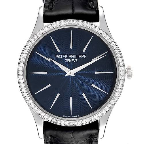 The image shows a front view of a Patek Philippe Calatrava 4896G Women's White Gold Blue Dial 4896G Women's White Gold Blue Dial watch with a blue dial, leather strap, and diamond bezel.