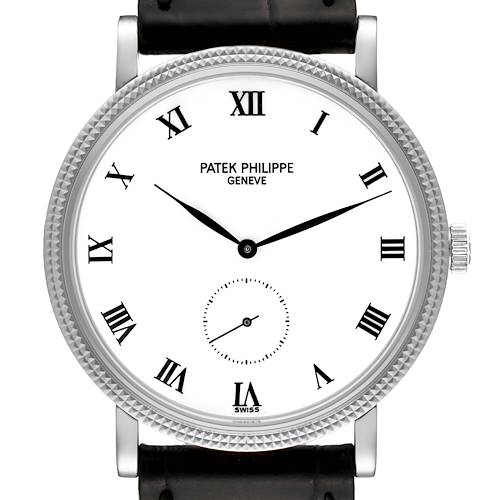 The image shows a front view of the face of a Patek Philippe Calatrava 3919G-001 Men's White Gold White Dial 3919G-001 Men's White Gold White Dial watch, displaying Roman numerals and a subdial.