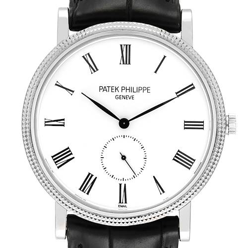 This is a front view of the Patek Philippe Calatrava 5116G Men's White Gold White Dial 5116G Men's White Gold White Dial watch, showing the dial, hands, and part of the leather strap.