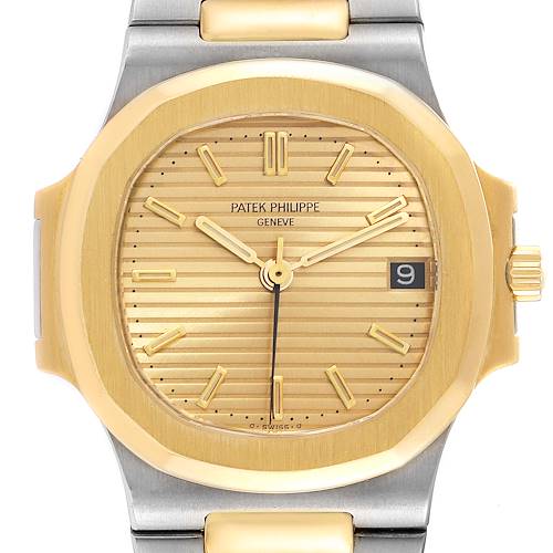 The watch is a Patek Philippe Nautilus 3800/1AJ Men's Steel and Gold (two tone) Champagne Dial 3800/1AJ Men's Steel and Gold (two tone) Champagne Dial model, shown from the front, highlighting the dial, hands, date window, and part of the bracelet.
