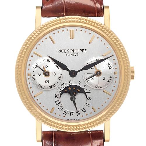 The image shows a frontal view of a Patek Philippe Complications 5039J-001 Men's Yellow Gold Silver Dial 5039J-001 Men's Yellow Gold Silver Dial watch, highlighting its dial, subdials, and brown leather strap.