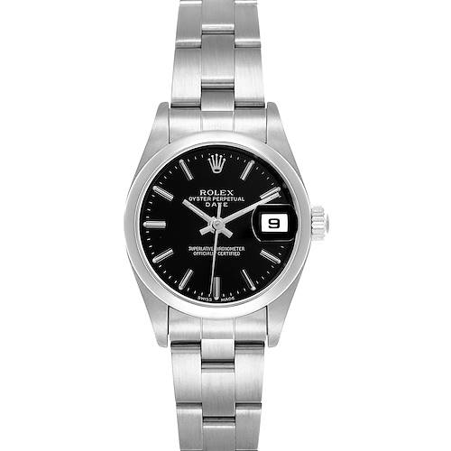 The Rolex Date 79160 Women's Stainless Steel Black Dial 79160 Women's Stainless Steel Black Dial model is shown from a front angle, displaying its black dial, silver hands, date window, and metal bracelet.