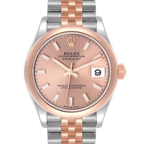 The Rolex Datejust Mid-Size watch is shown from a frontal angle, displaying its dial, bezel, crown, and part of the bracelet.