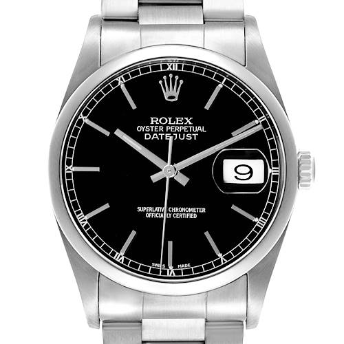The Rolex Datejust 16200 Men's Stainless Steel Black Dial 16200 Men's Stainless Steel Black Dial watch is shown from a front angle, displaying the dial, hands, indexes, and date window.