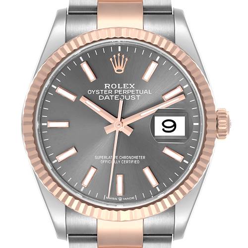 The Rolex Datejust 126231 Men's Steel and Gold (two tone) Grey Dial 126231 Men's Steel and Gold (two tone) Grey Dial is shown from a front angle, highlighting the dial, bezel, hands, markers, and date window.
