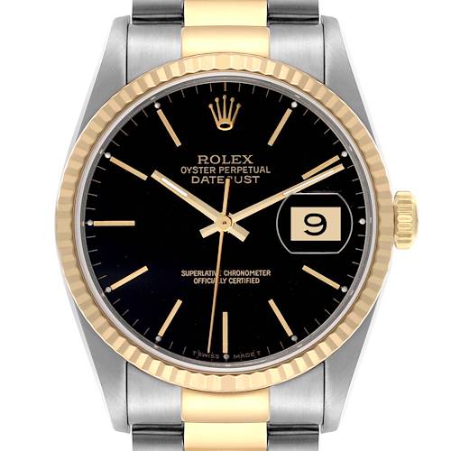 The Rolex Datejust 16233 Men's Steel and Gold (two tone) Black Dial 16233 Men's Steel and Gold (two tone) Black Dial watch is shown from the front, highlighting the dial, hands, bezel, and part of the bracelet.