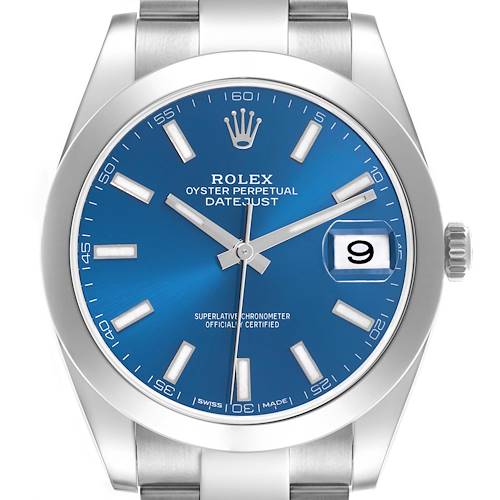 The Rolex Datejust 41 126300 Men's Stainless Steel Blue Dial 126300 Men's Stainless Steel Blue Dial model is shown from a frontal angle, featuring its blue dial, date window, and stainless steel bracelet.