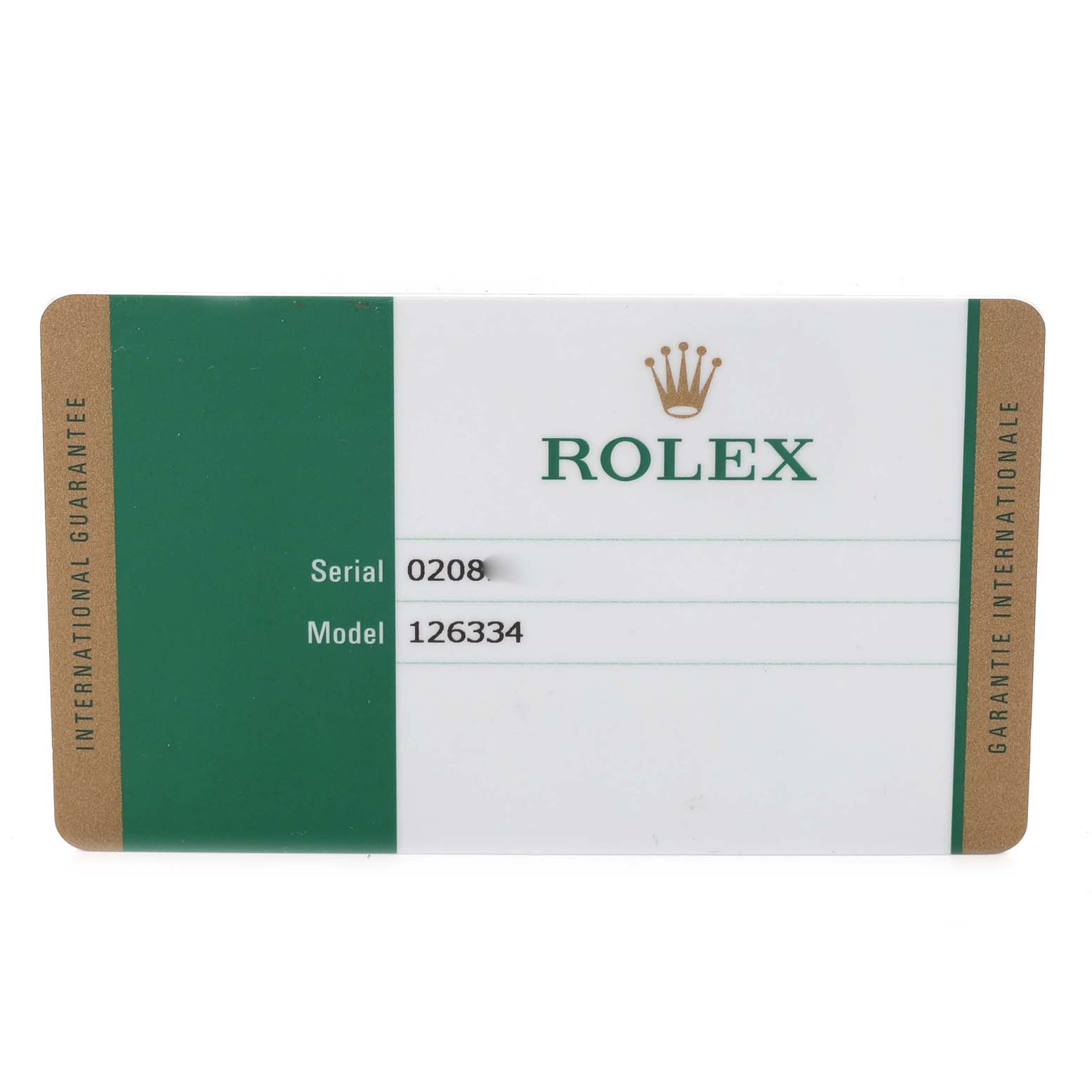 The image shows a warranty card for a Rolex Datejust 41 126334 Men's Stainless Steel Blue Dial 126334 Men's Stainless Steel Blue Dial, displaying the brand and model details.
