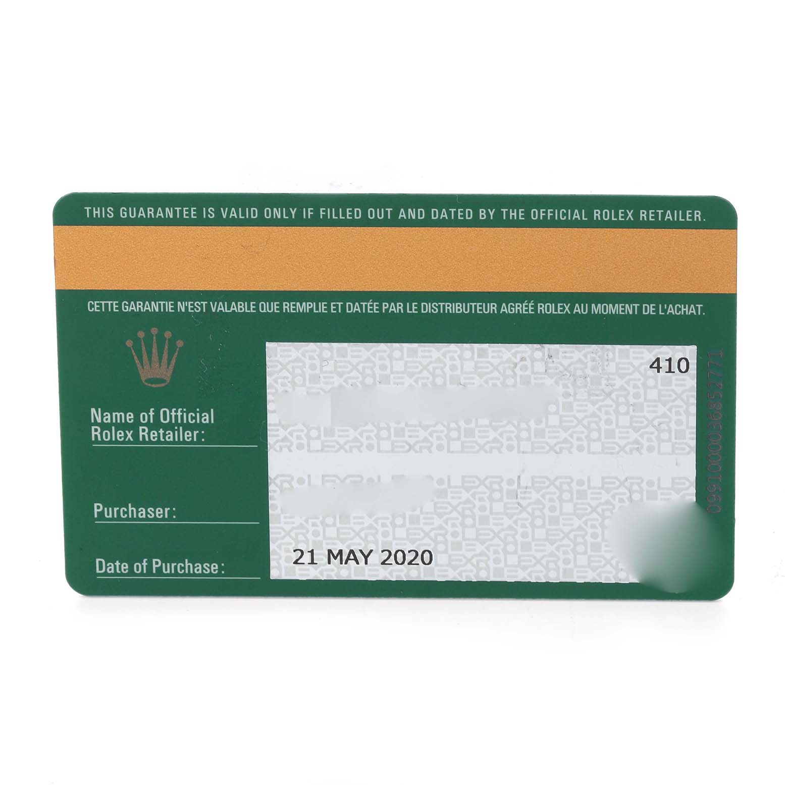 The image shows a warranty card for the Rolex Datejust 41 126334 Men's Stainless Steel Blue Dial 126334 Men's Stainless Steel Blue Dial watch.