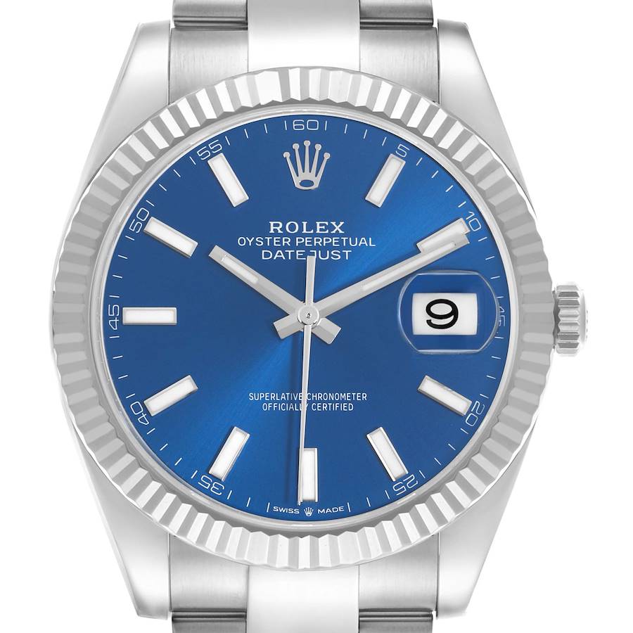 The image shows a front view of the Rolex Datejust 41 126334 Men's Stainless Steel Blue Dial 126334 Men's Stainless Steel Blue Dial, highlighting the blue dial, date window, and fluted bezel.
