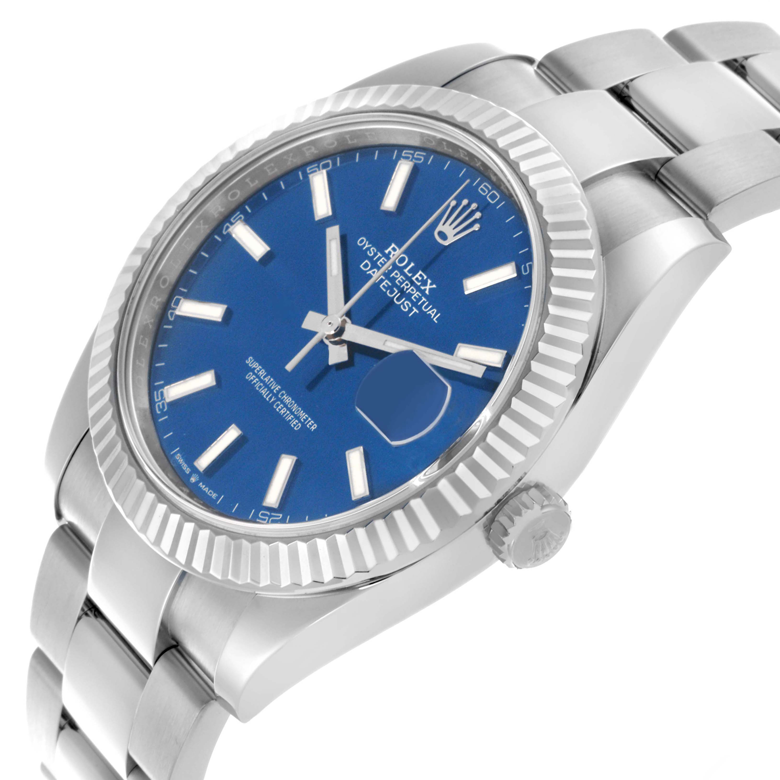 The Rolex Datejust 41 126334 Men's Stainless Steel Blue Dial 126334 Men's Stainless Steel Blue Dial watch is shown at a slight angle highlighting the blue dial, fluted bezel, and part of the bracelet.