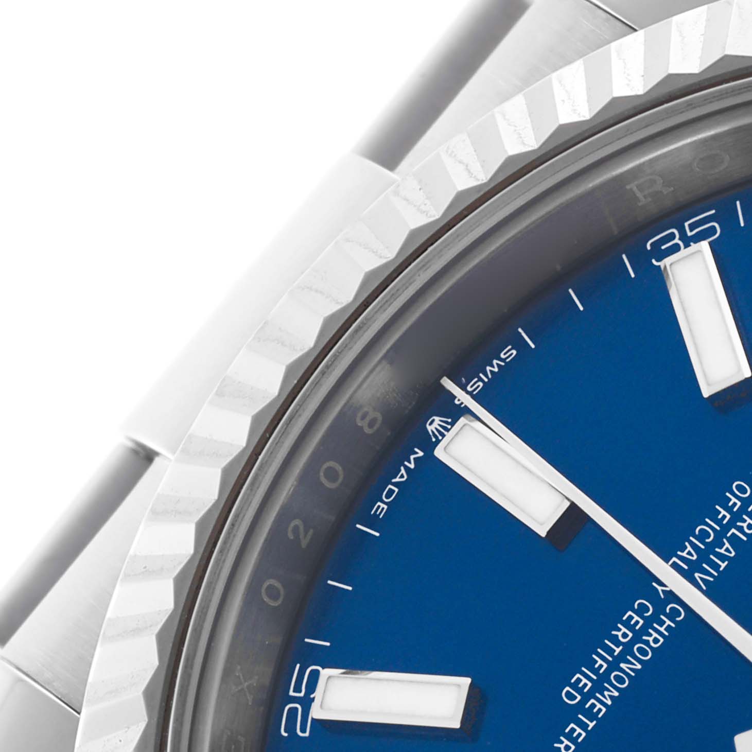 The image shows a close-up of the Rolex Datejust 41 126334 Men's Stainless Steel Blue Dial 126334 Men's Stainless Steel Blue Dial, displaying part of the blue dial, fluted bezel, and stainless steel case.