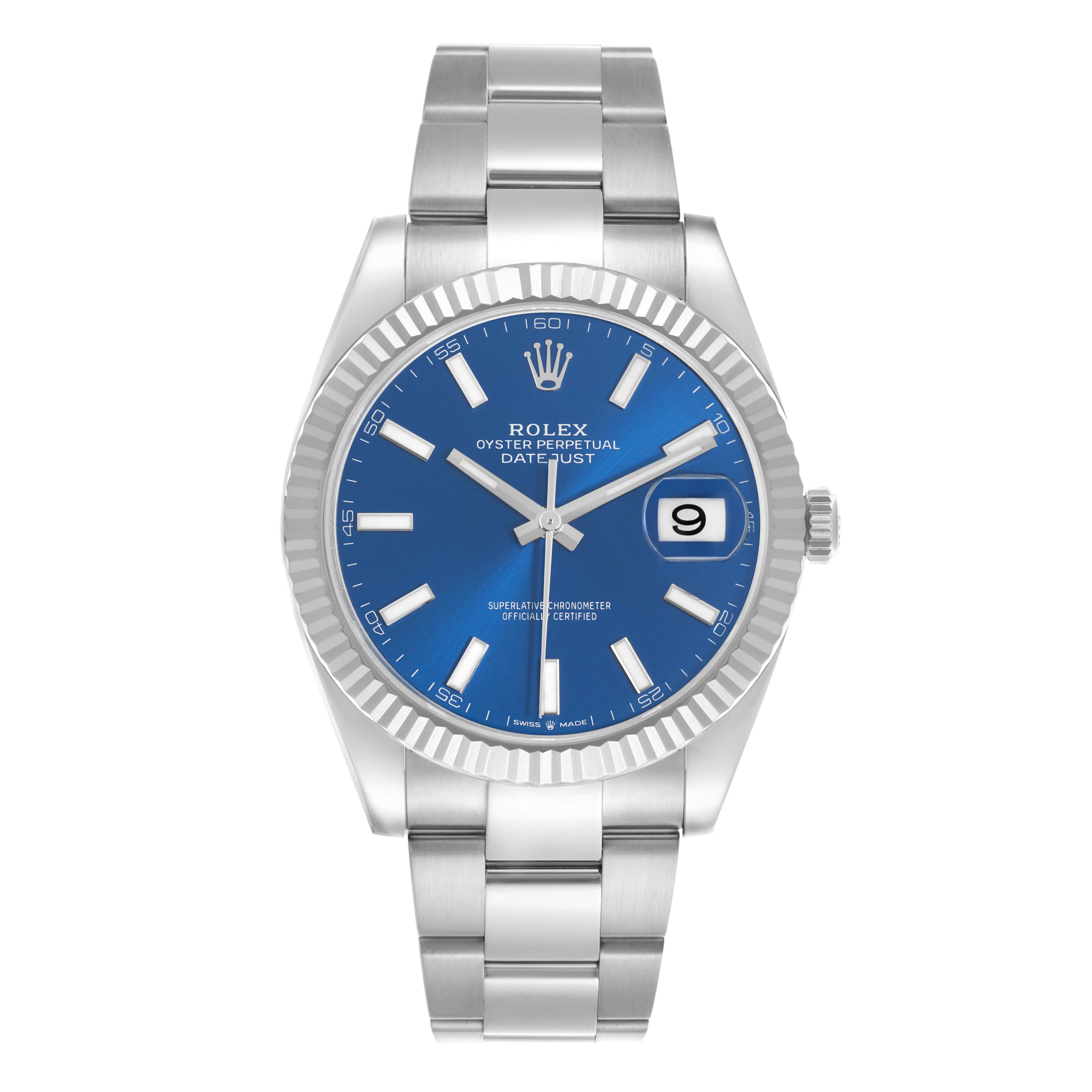 The Rolex Datejust 41 126334 Men's Stainless Steel Blue Dial 126334 Men's Stainless Steel Blue Dial watch is shown from a front angle, featuring its blue dial, fluted bezel, and Oyster bracelet.