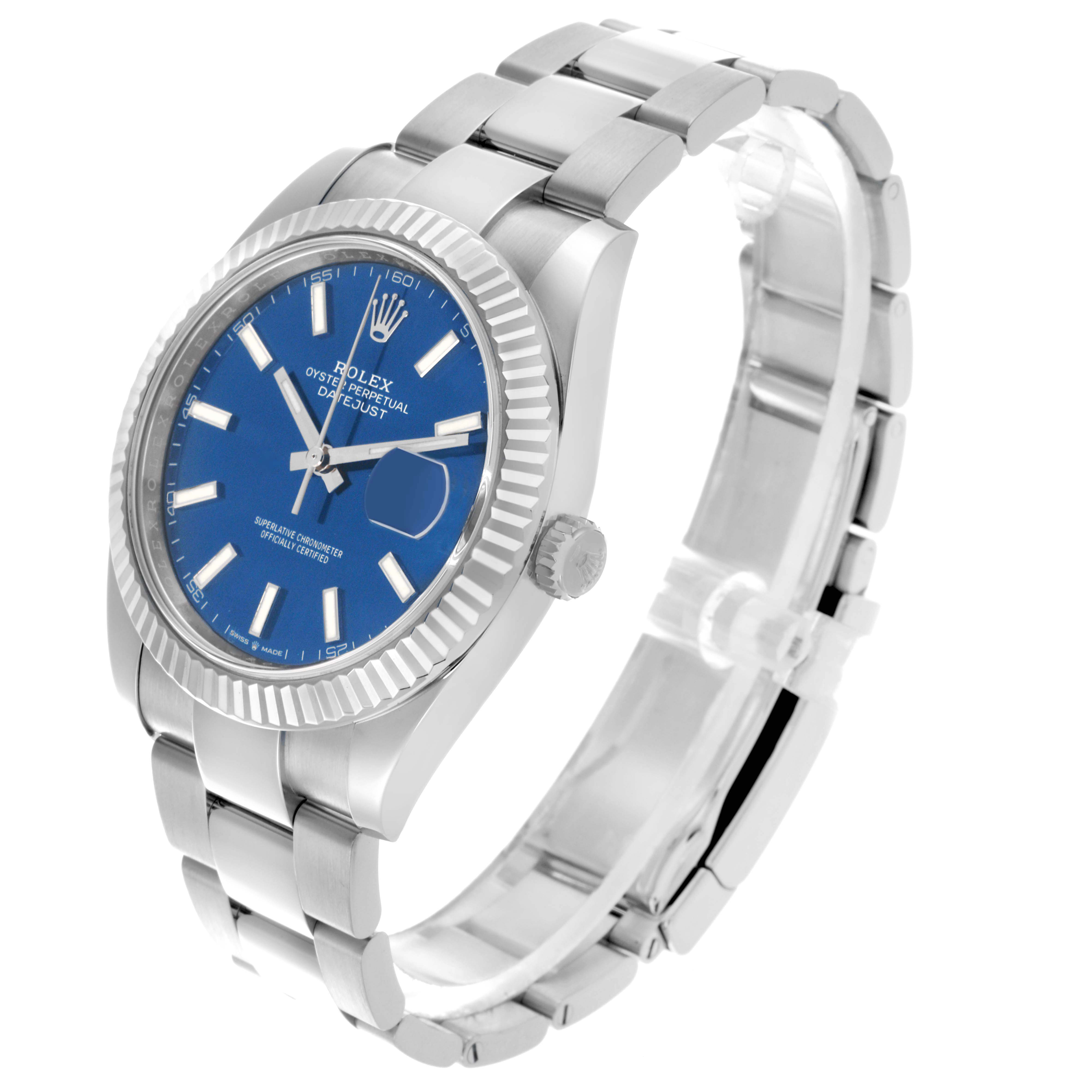 The image shows the Rolex Datejust 41 126334 Men's Stainless Steel Blue Dial 126334 Men's Stainless Steel Blue Dial at an angled side view, highlighting the fluted bezel, blue dial, and part of the bracelet.
