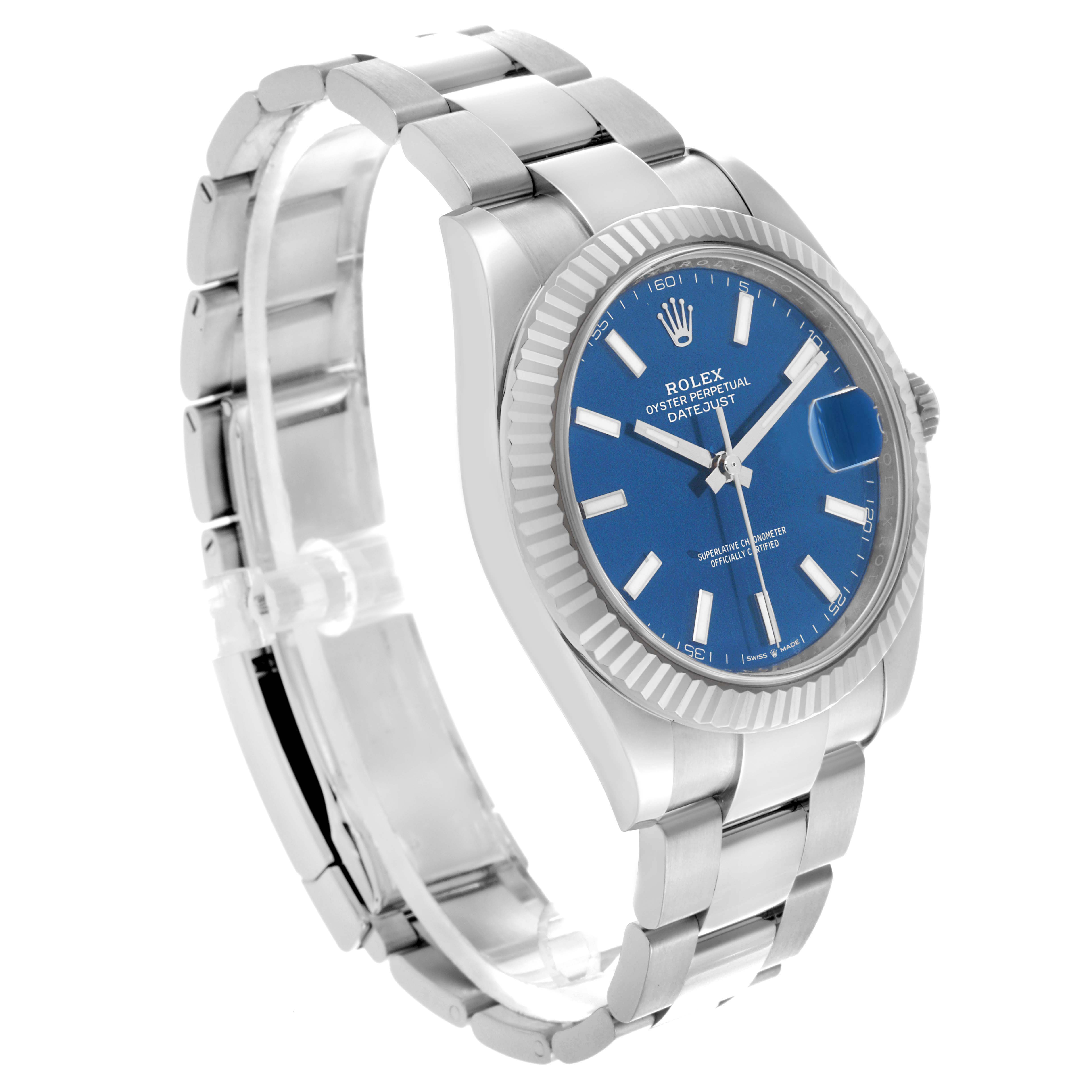 The Rolex Datejust 41 126334 Men's Stainless Steel Blue Dial 126334 Men's Stainless Steel Blue Dial is shown at a three-quarter angle, highlighting the blue dial, fluted bezel, and metal bracelet.