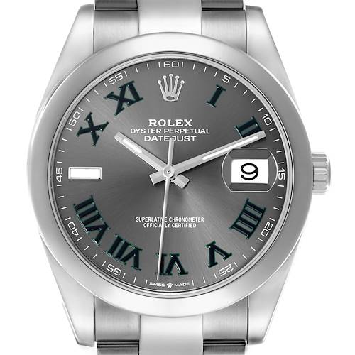 The Rolex Datejust 41 126300 Men's Stainless Steel Grey Dial 126300 Men's Stainless Steel Grey Dial watch is shown from a front angle, highlighting the dial, markers, and date window.