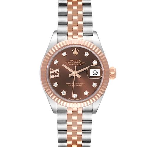 The Rolex Datejust 279171 Women's Steel and Gold (two tone) Brown Dial 279171 Women's Steel and Gold (two tone) Brown Dial watch is shown from a frontal angle, highlighting the dial, bezel, and bracelet.