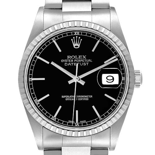 The Rolex Datejust 16220 Men's Stainless Steel Black Dial 16220 Men's Stainless Steel Black Dial watch is shown from a frontal view, highlighting the black dial, bezel, and bracelet.