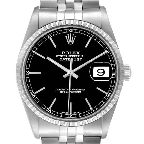 The Rolex Datejust 16220 Men's Stainless Steel Black Dial 16220 Men's Stainless Steel Black Dial watch is shown from the front, highlighting the dial, bezel, date window, and part of the bracelet.