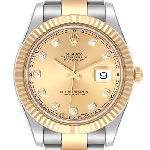 The Rolex Datejust 41 116333 Men's Steel and Gold (two tone) Champagne Dial 116333 Men's Steel and Gold (two tone) Champagne Dial is shown from a front angle, highlighting its gold dial, date window, diamond hour markers, and fluted bezel.