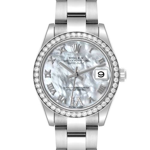 The Rolex Datejust watch is shown from a front angle, featuring a mother-of-pearl dial, diamond bezel, and metal bracelet.