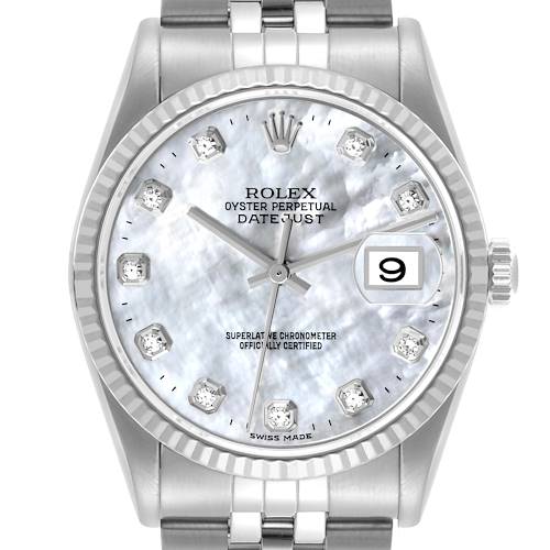 The image shows the Rolex Datejust 16234 Men's Stainless Steel Mother of Pearl Dial 16234 Men's Stainless Steel Mother of Pearl Dial watch face from a front angle, highlighting the dial, bezel, and part of the bracelet.