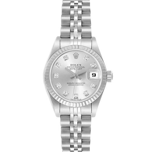 The Rolex Datejust 79174 Women's Stainless Steel Silver Dial 79174 Women's Stainless Steel Silver Dial watch is shown from a front angle, highlighting the dial, bezel, bracelet, and date feature.