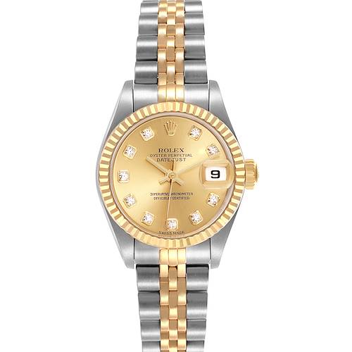 The Rolex Datejust 79173 Women's Steel and Gold (two tone) Champagne Dial 79173 Women's Steel and Gold (two tone) Champagne Dial watch is shown from the front, displaying its dial, fluted bezel, and Jubilee bracelet.