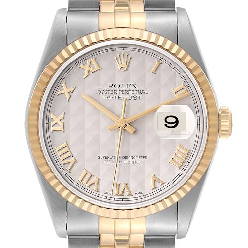 The image shows a frontal view of a Rolex Datejust 16233 Men's Steel and Gold (two tone) Beige Dial 16233 Men's Steel and Gold (two tone) Beige Dial featuring a fluted bezel, Roman numeral markers, and a date display at 3 o'clock.
