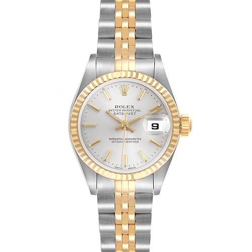 The Rolex Datejust 79173 Women's Steel and Gold (two tone) Silver Dial 79173 Women's Steel and Gold (two tone) Silver Dial watch is shown from a front angle, displaying the dial, bezel, bracelet, and crown.