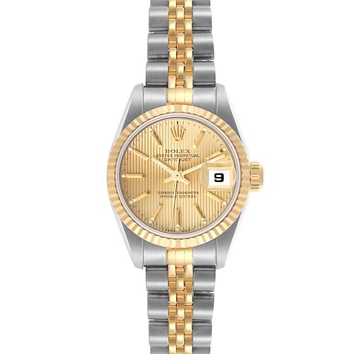 The Rolex Datejust 69173 Women's Steel and Gold (two tone) Champagne Dial 69173 Women's Steel and Gold (two tone) Champagne Dial watch is shown from the front, highlighting the dial, hands, date window, bezel, and two-tone bracelet.