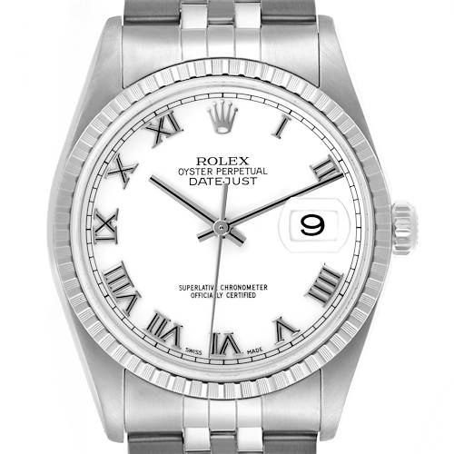 The Rolex Datejust 16220 Men's Stainless Steel White Dial 16220 Men's Stainless Steel White Dial watch is shown from a front angle, displaying the dial, bezel, crown, and part of the bracelet.