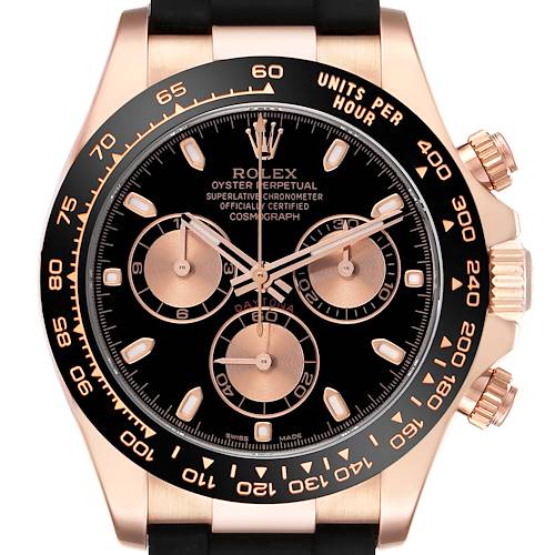 The Rolex Daytona 116515LN Men's Rose Gold Black Dial 116515LN Men's Rose Gold Black Dial watch is shown from a front angle, highlighting the dial, bezel, and chronograph subdials.