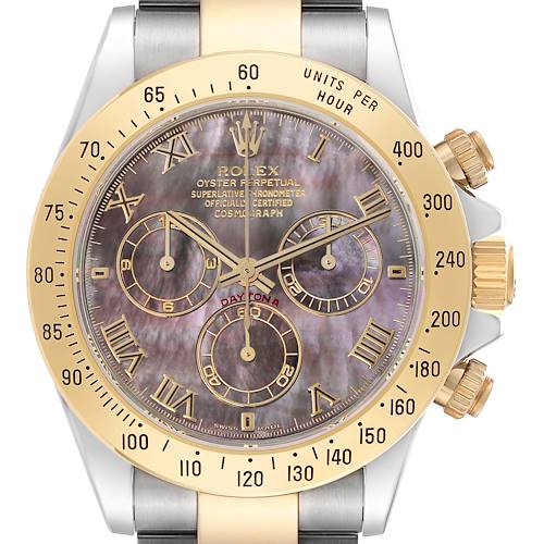 The Rolex Daytona 116523 Men's Steel and Gold (two tone) Mother of Pearl Dial 116523 Men's Steel and Gold (two tone) Mother of Pearl Dial watch is shown from the front, displaying its face, bezel, and side buttons.