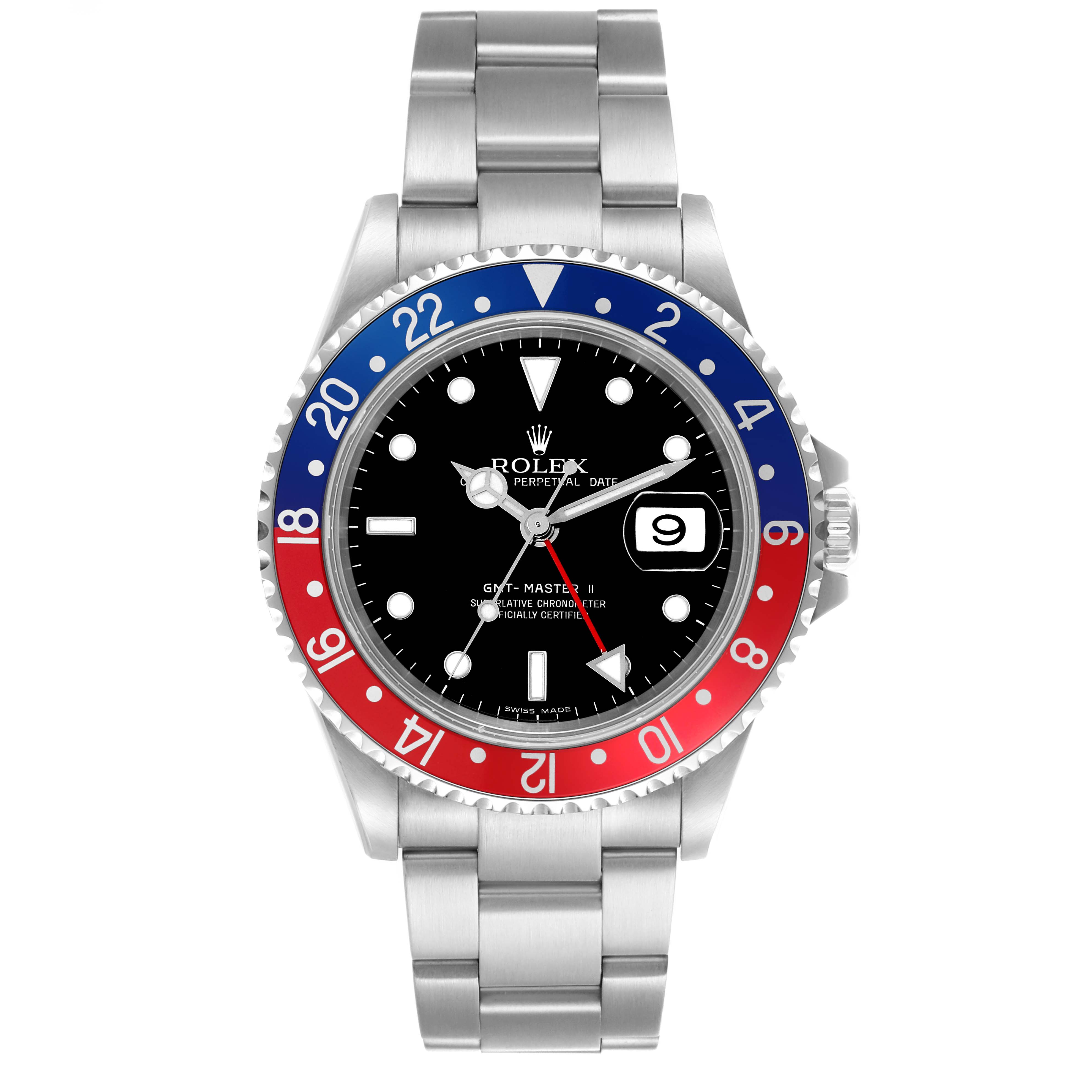 The Rolex GMT-Master 16710T Men's Stainless Steel Black Dial 16710T Men's Stainless Steel Black Dial watch is shown from the front, displaying the bezel, dial, hands, and metal bracelet.