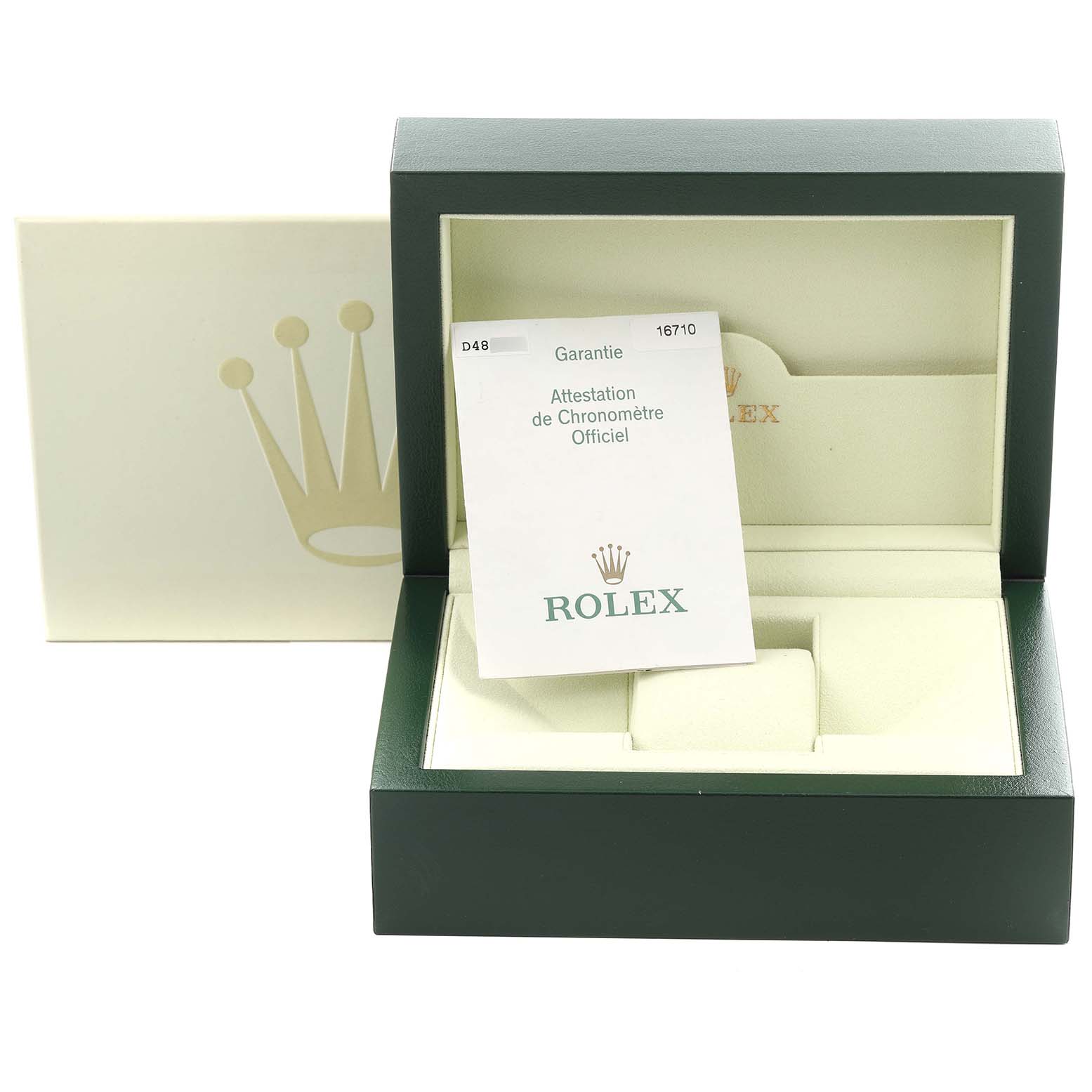 The image shows an open Rolex GMT-Master 16710T Men's Stainless Steel Black Dial 16710T Men's Stainless Steel Black Dial watch box with a warranty card inside, viewed from the front.