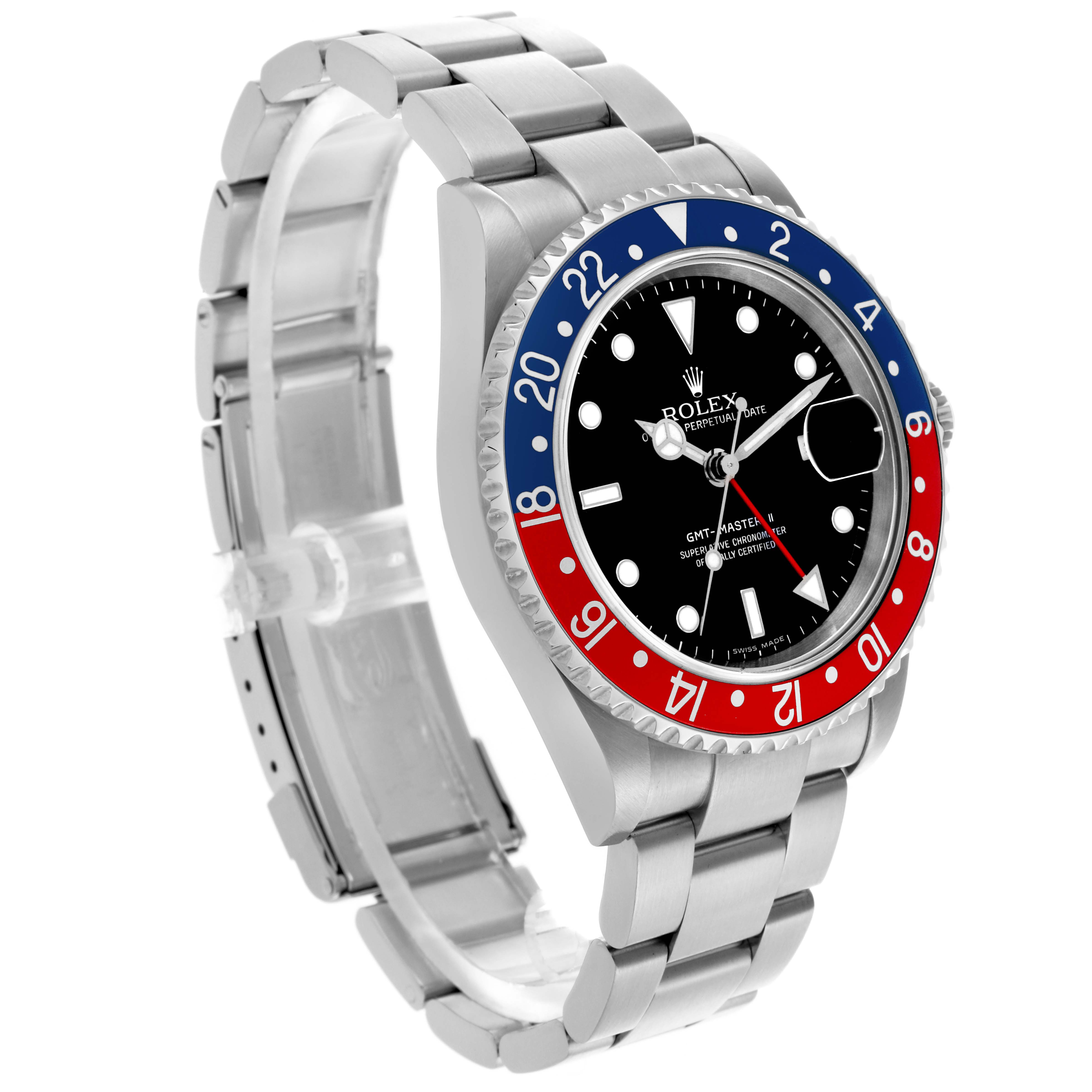 The image shows a Rolex GMT-Master 16710T Men's Stainless Steel Black Dial 16710T Men's Stainless Steel Black Dial watch at a slightly angled side view, displaying the bezel, dial, and bracelet.