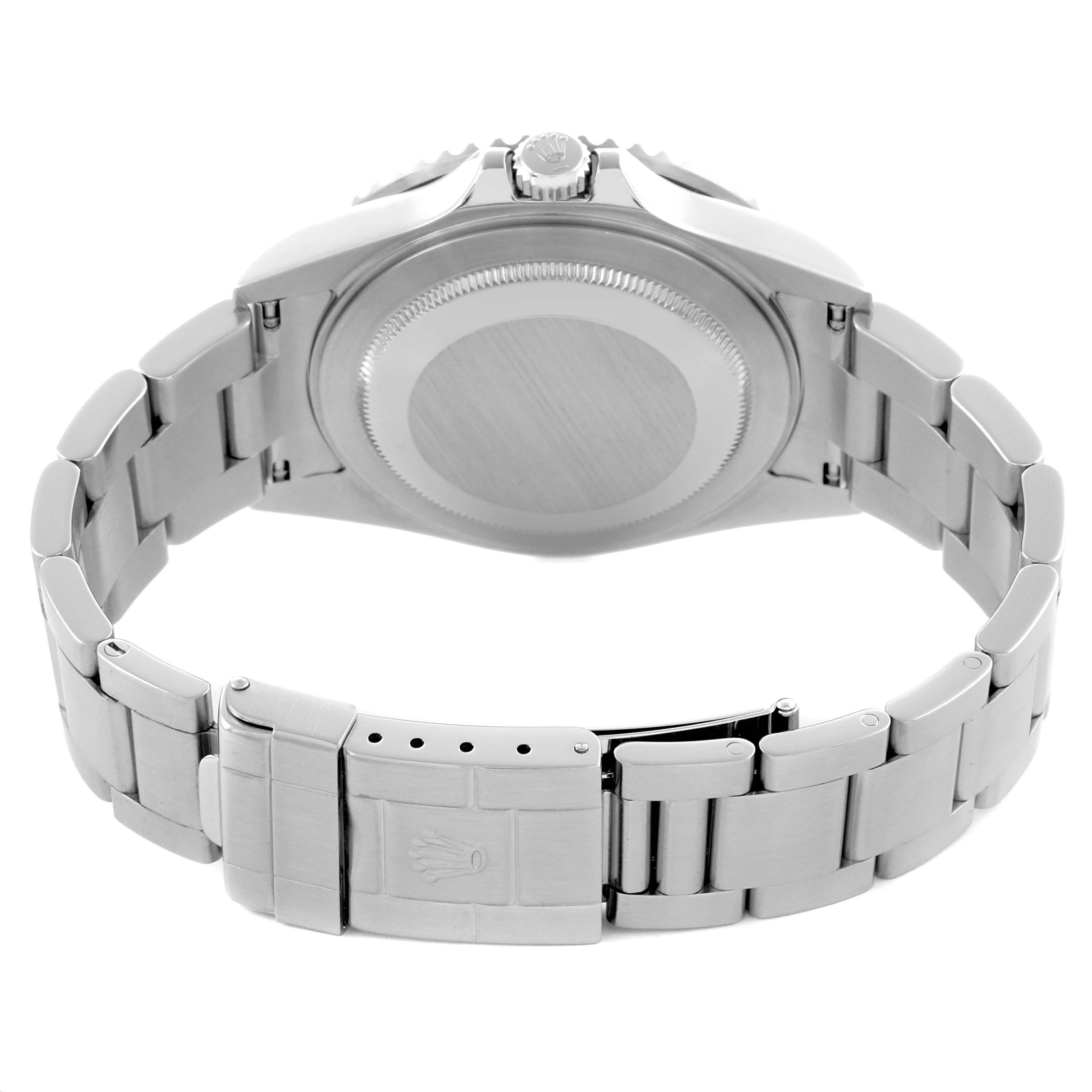 The image shows the back of the Rolex GMT-Master 16710T Men's Stainless Steel Black Dial 16710T Men's Stainless Steel Black Dial watch and its metal bracelet from a rear angle.