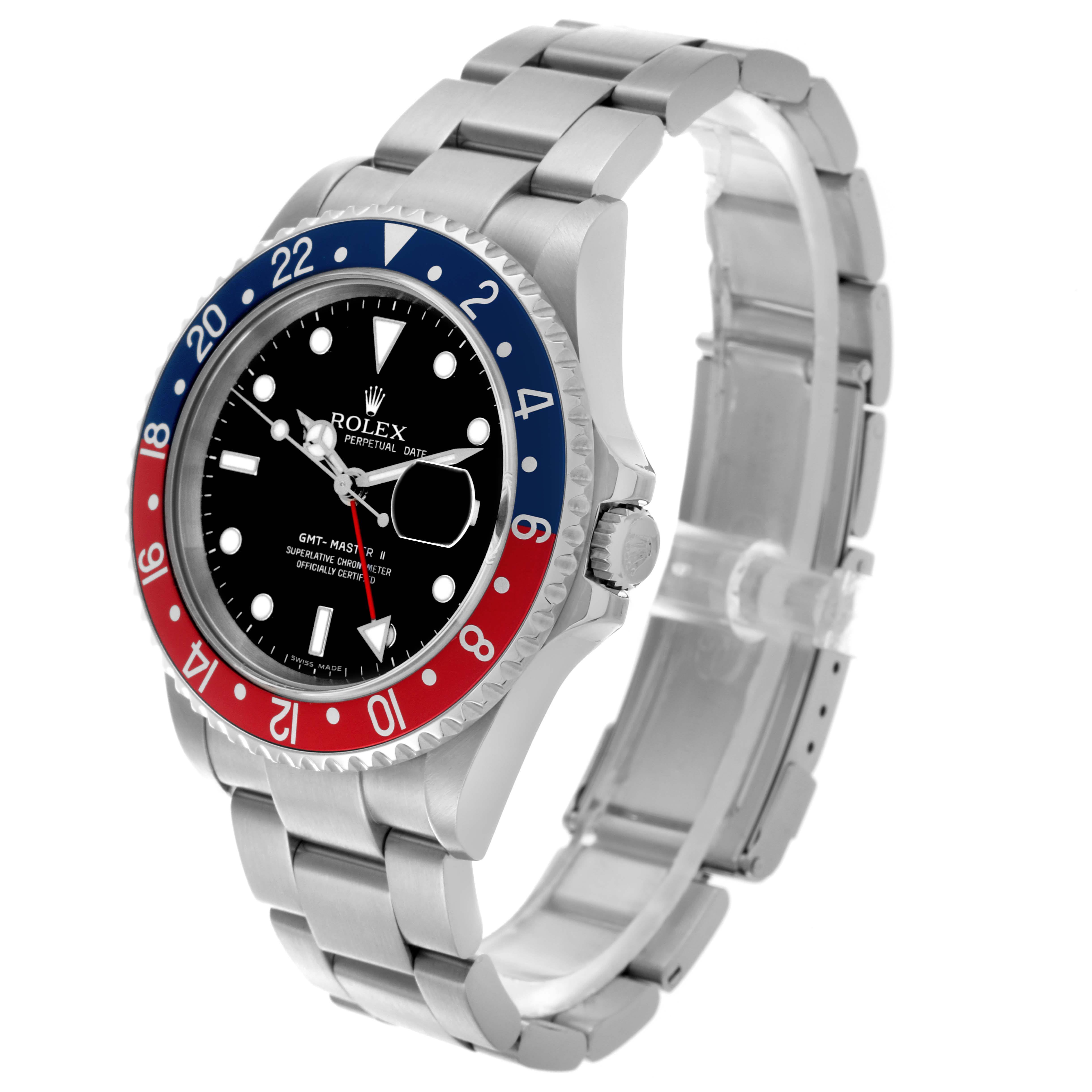 The Rolex GMT-Master 16710T Men's Stainless Steel Black Dial 16710T Men's Stainless Steel Black Dial watch is shown at a three-quarter angle, highlighting the bezel, dial, bracelet, and crown.