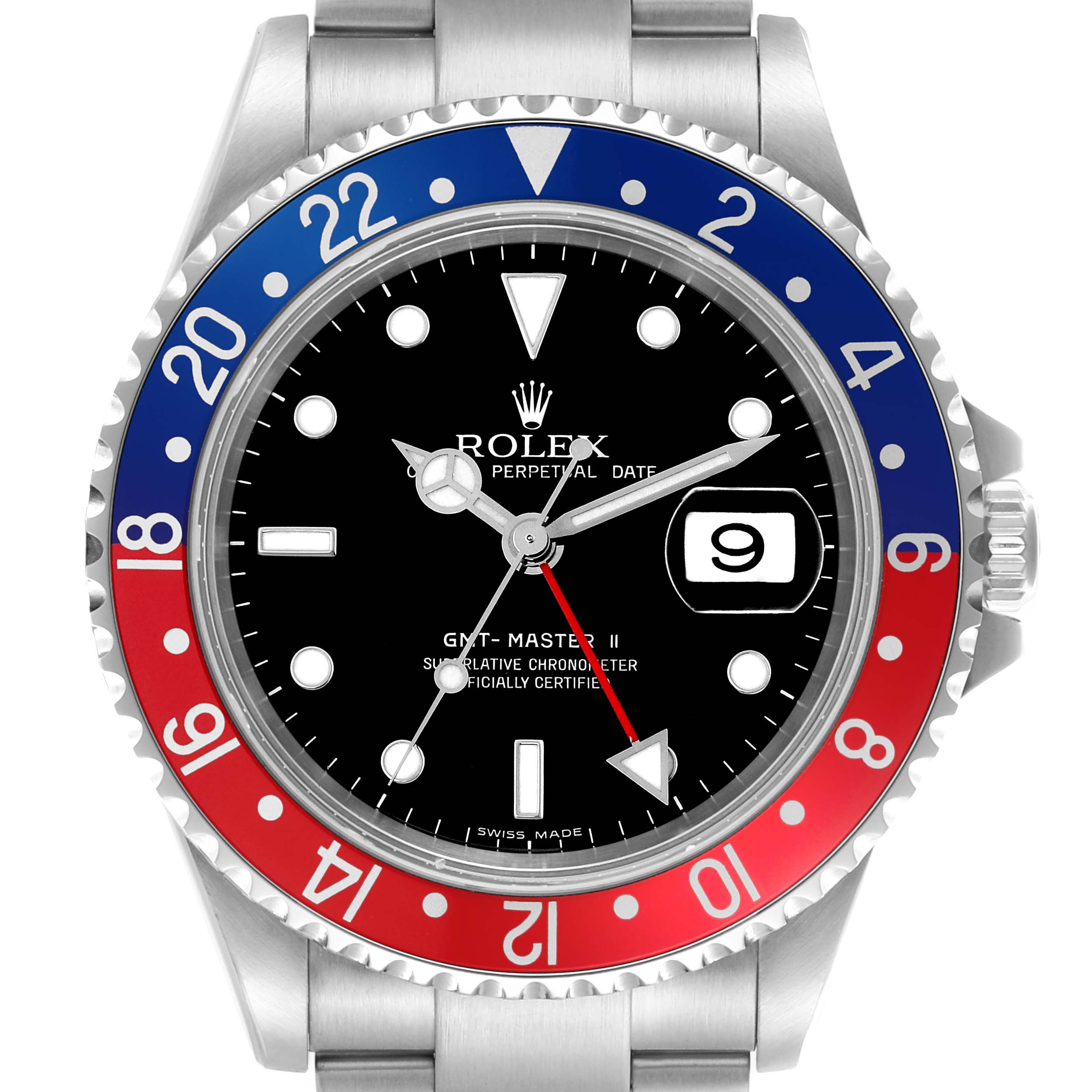 The image shows a front view of the Rolex GMT-Master 16710T Men's Stainless Steel Black Dial 16710T Men's Stainless Steel Black Dial II, including its bezel, dial, and part of the bracelet.