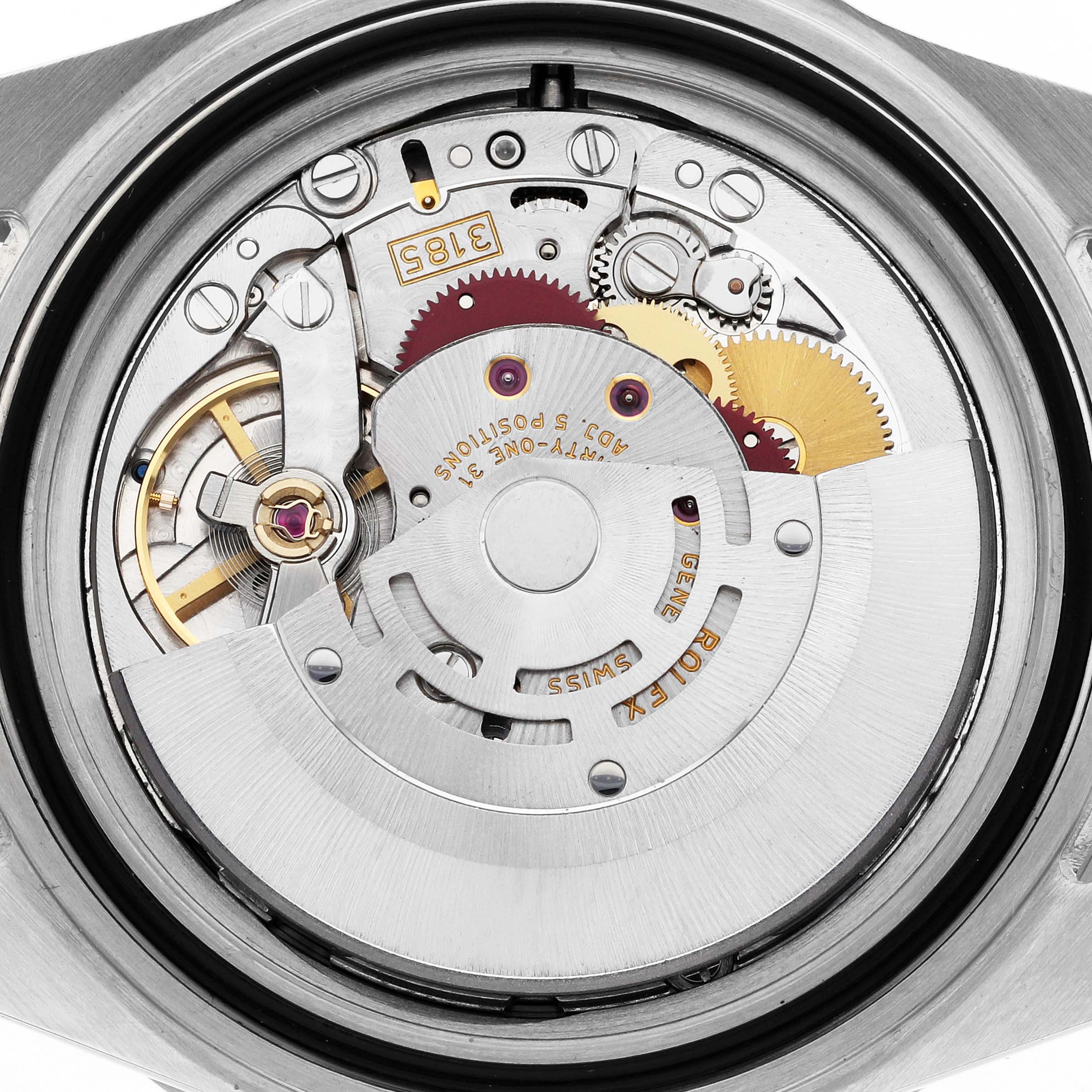 The image shows the movement mechanism of a Rolex GMT-Master 16710T Men's Stainless Steel Black Dial 16710T Men's Stainless Steel Black Dial watch from a top-down angle.