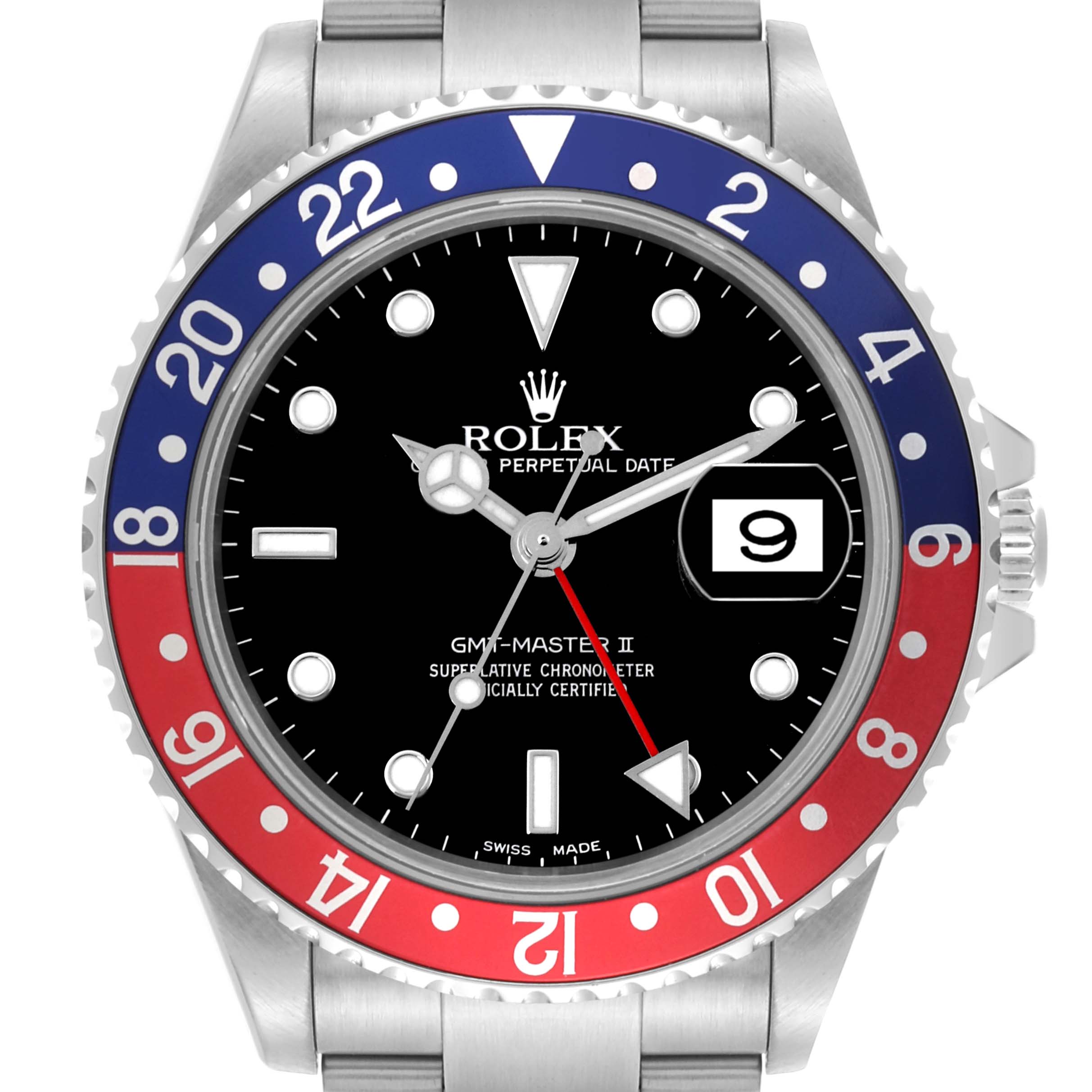 The Rolex GMT-Master 16710 Men's Stainless Steel Black Dial 16710 Men's Stainless Steel Black Dial watch is shown from a front angle, highlighting the bezel, dial, hands, and date window.