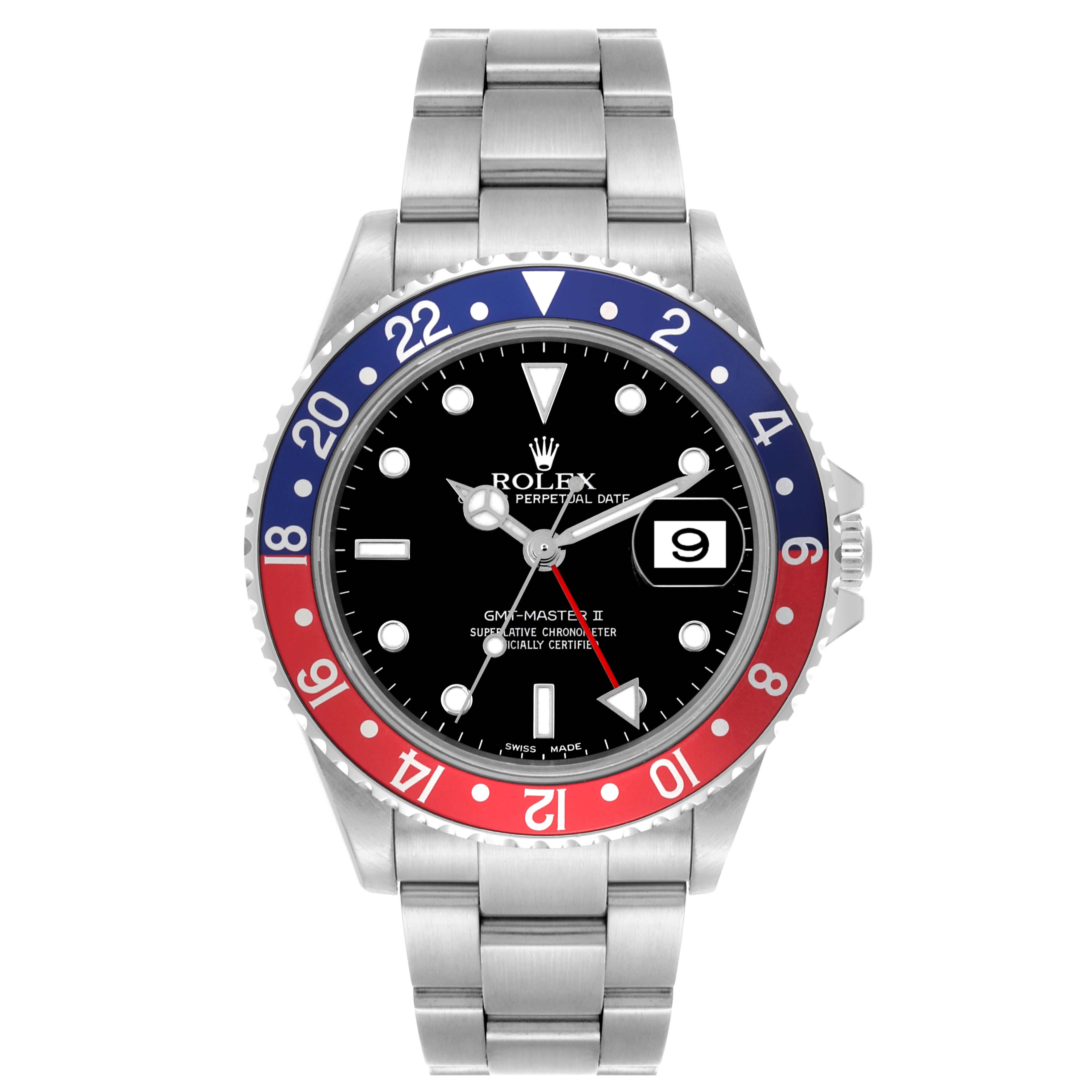 The Rolex GMT-Master 16710 Men's Stainless Steel Black Dial 16710 Men's Stainless Steel Black Dial watch is shown from a front angle, displaying the bezel, dial, bracelet, and date window prominently.