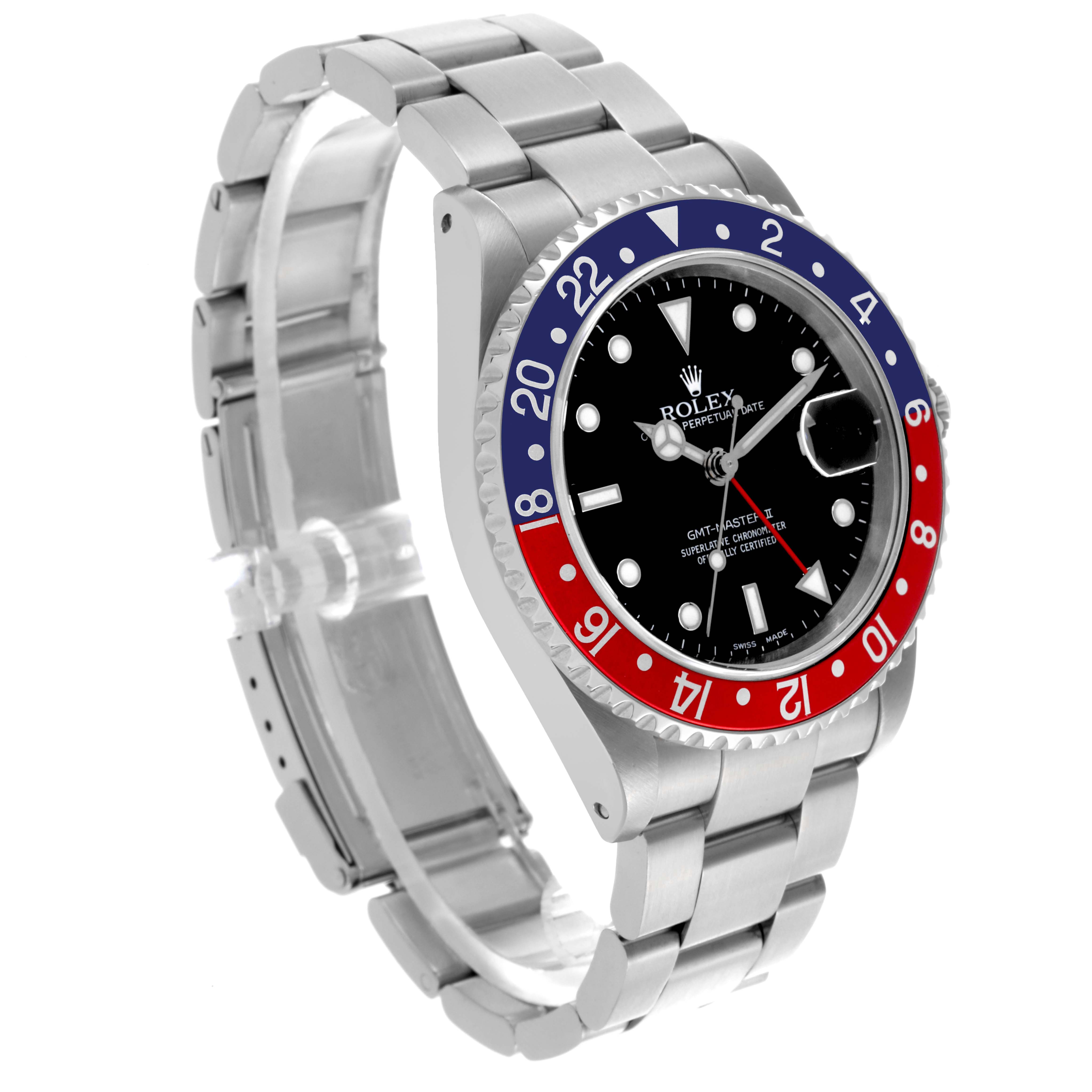 The Rolex GMT-Master 16710 Men's Stainless Steel Black Dial 16710 Men's Stainless Steel Black Dial watch is shown at an angled side view, highlighting its bezel, dial, and bracelet.