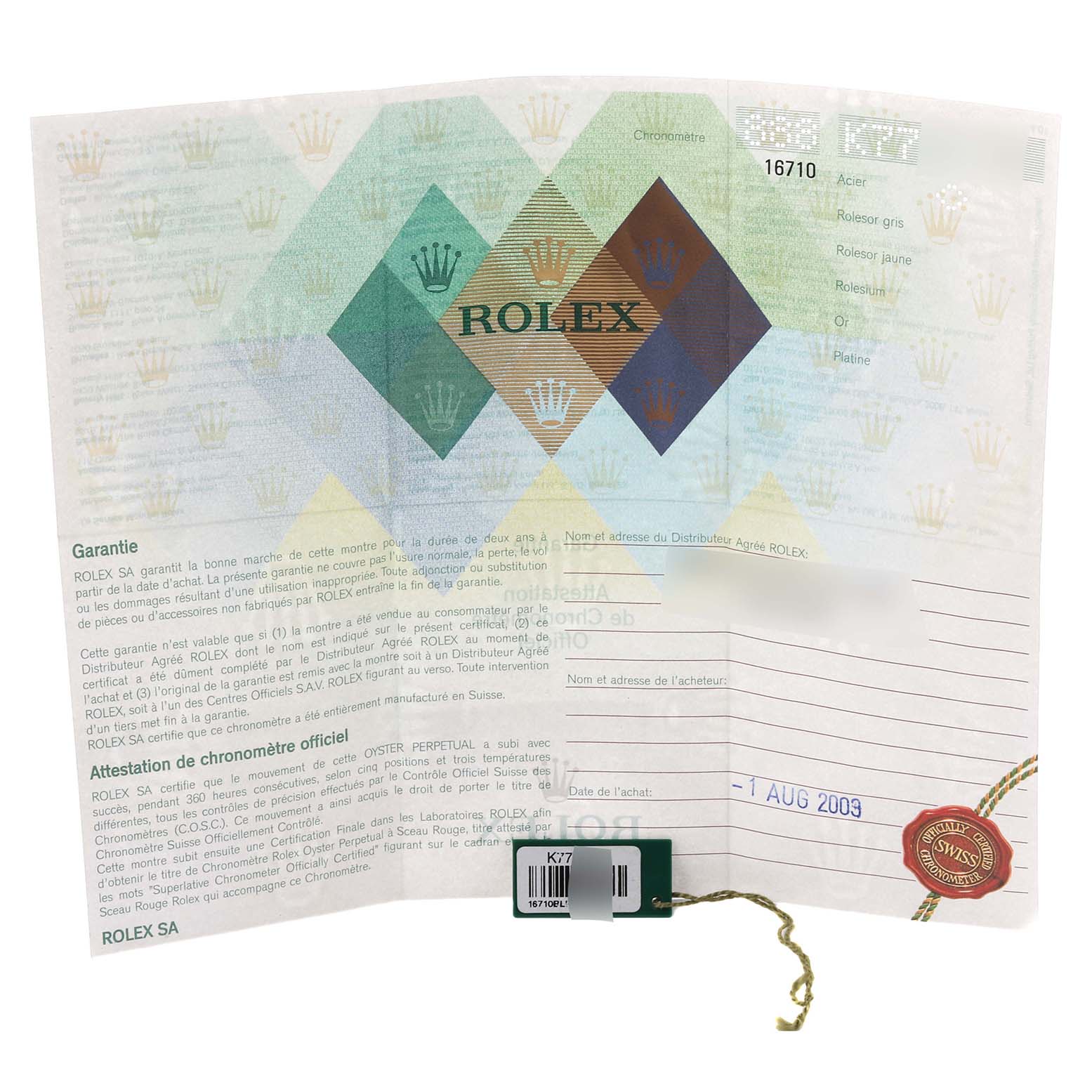 This image shows the warranty card and tag for a Rolex GMT-Master 16710 Men's Stainless Steel Black Dial 16710 Men's Stainless Steel Black Dial model, showcasing the brand logo and purchase details.