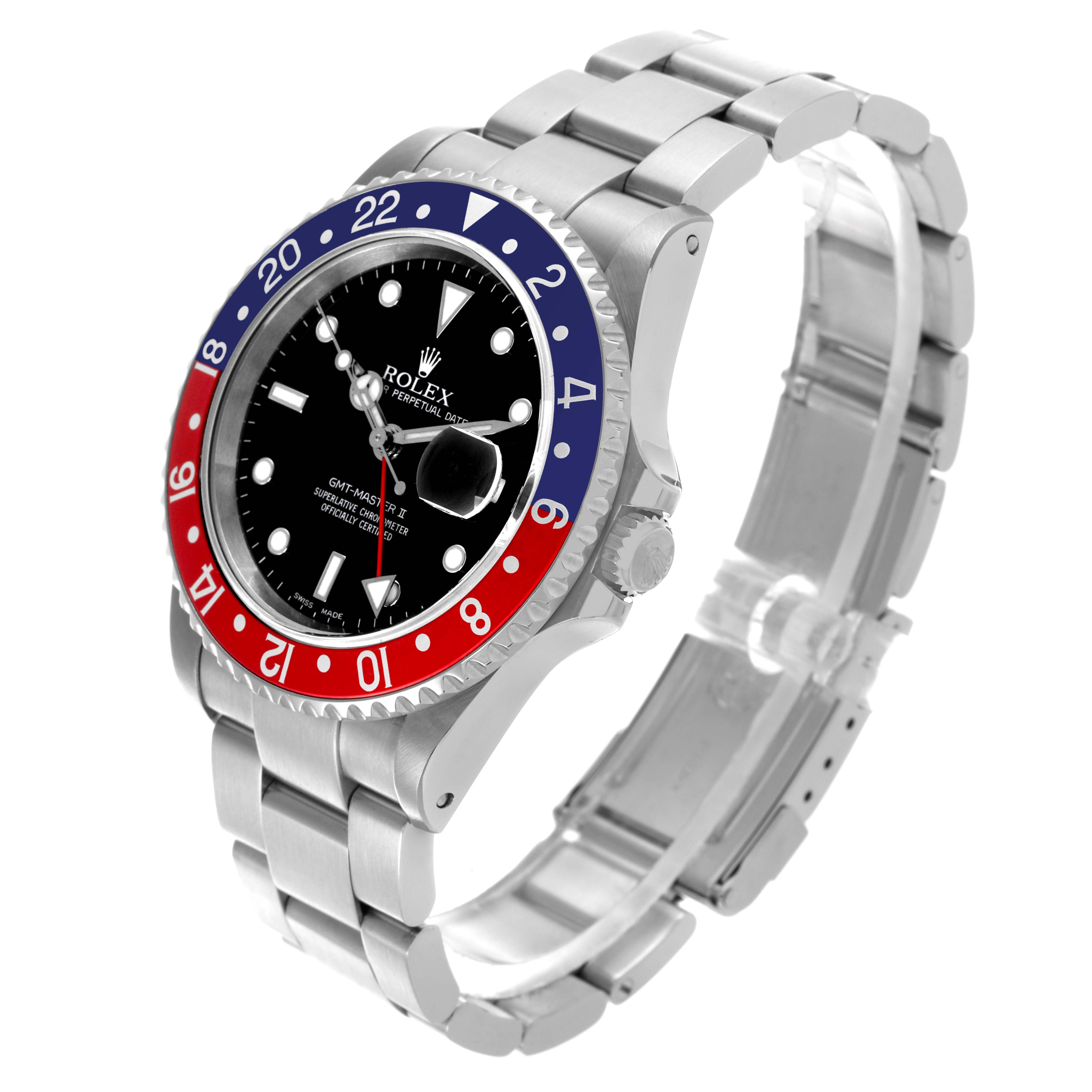 The Rolex GMT-Master 16710 Men's Stainless Steel Black Dial 16710 Men's Stainless Steel Black Dial watch is shown at a three-quarter angle, highlighting the bezel, dial, strap, and crown.